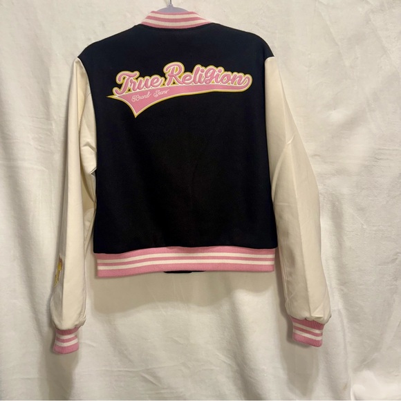 True Religion NWT Script Wool Horseshoe Varsity Jacket Black/Pink - Picture 8 of 11